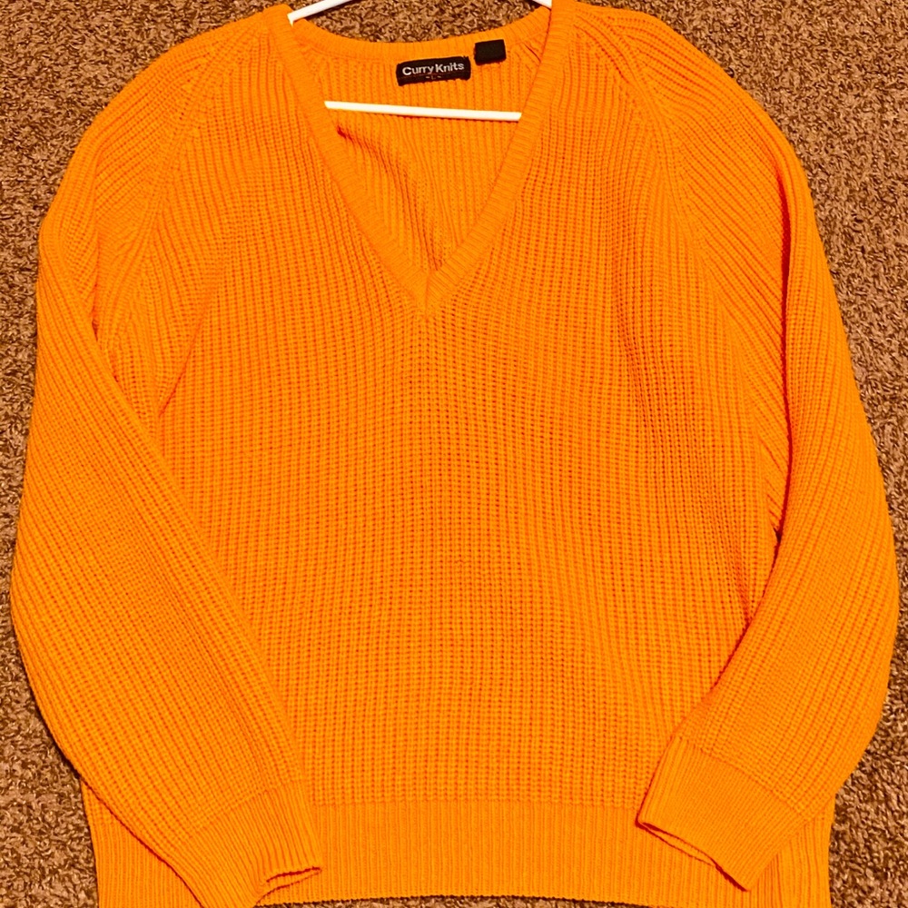 Curry Knits V-Neck Orange Knitted Sweatshirt